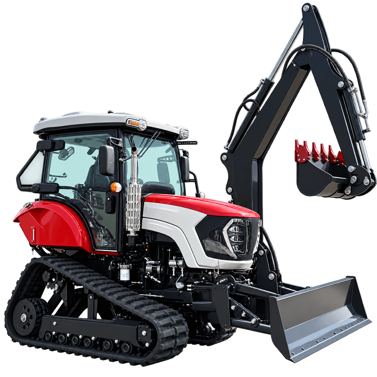 Red and white 120 HP crawler tractor with an enclosed cab, black excavator arm and front blade