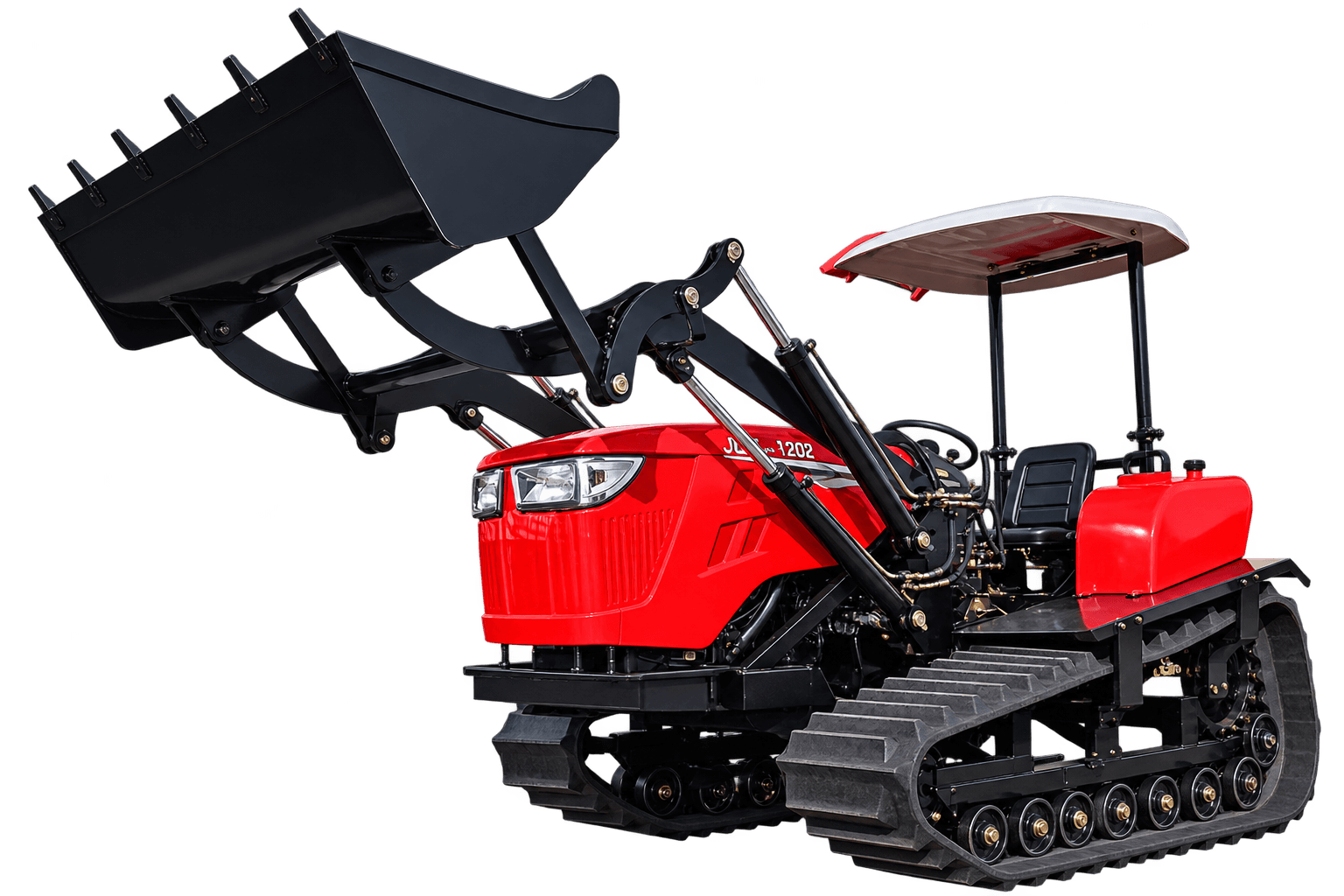 Front left view of the red 120 HP crawler tractor with a canopy and raised front loader bucket