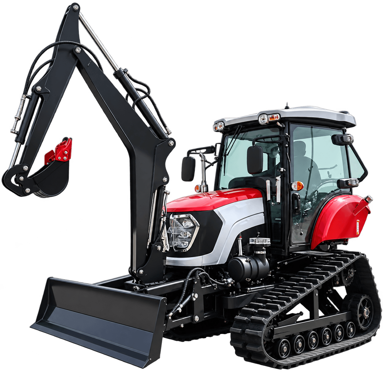 Red and white 120 HP crawler tractor with an enclosed cab, black excavator arm and front blade