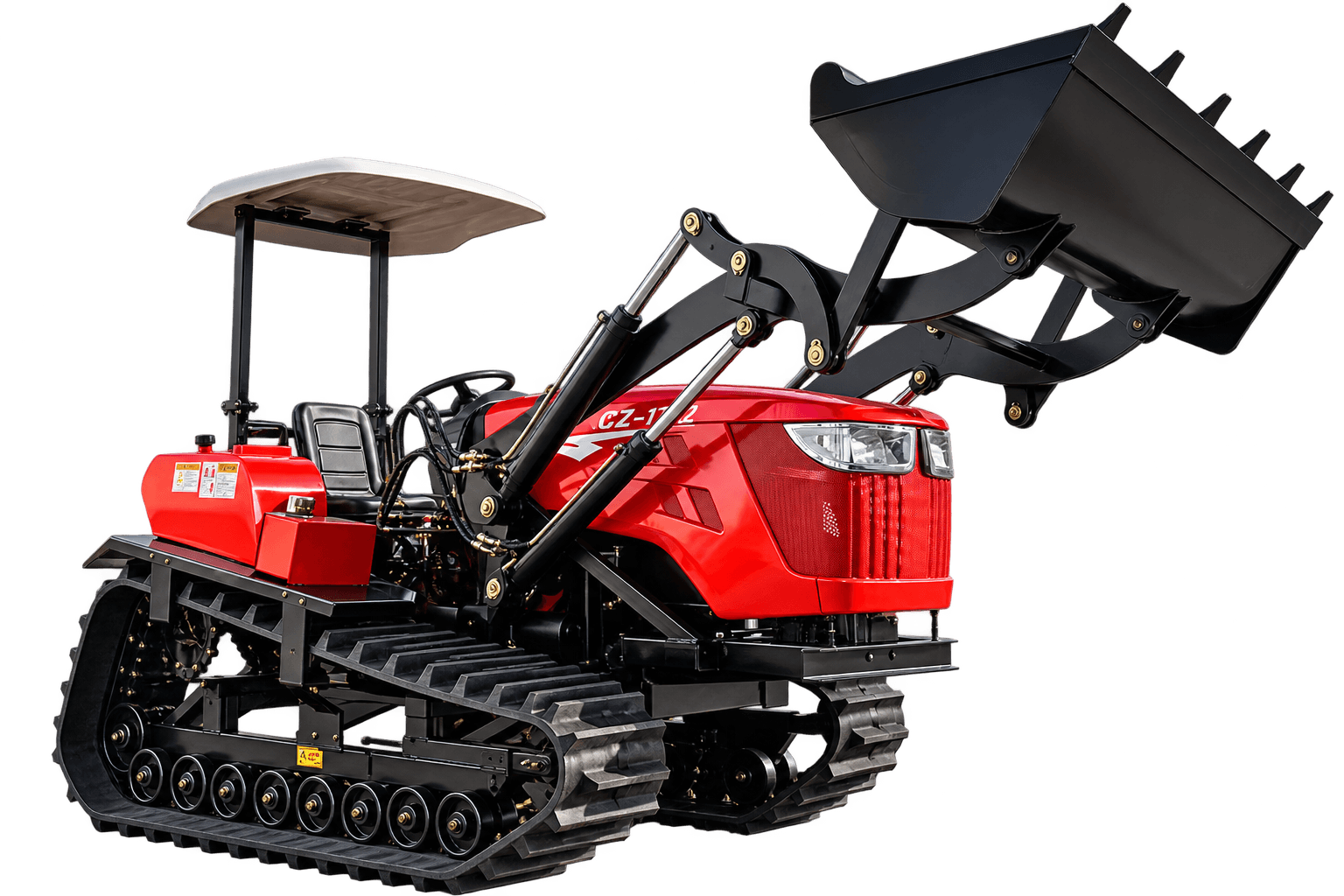 Front right view of the red 120 HP crawler tractor with a canopy and raised front loader bucket