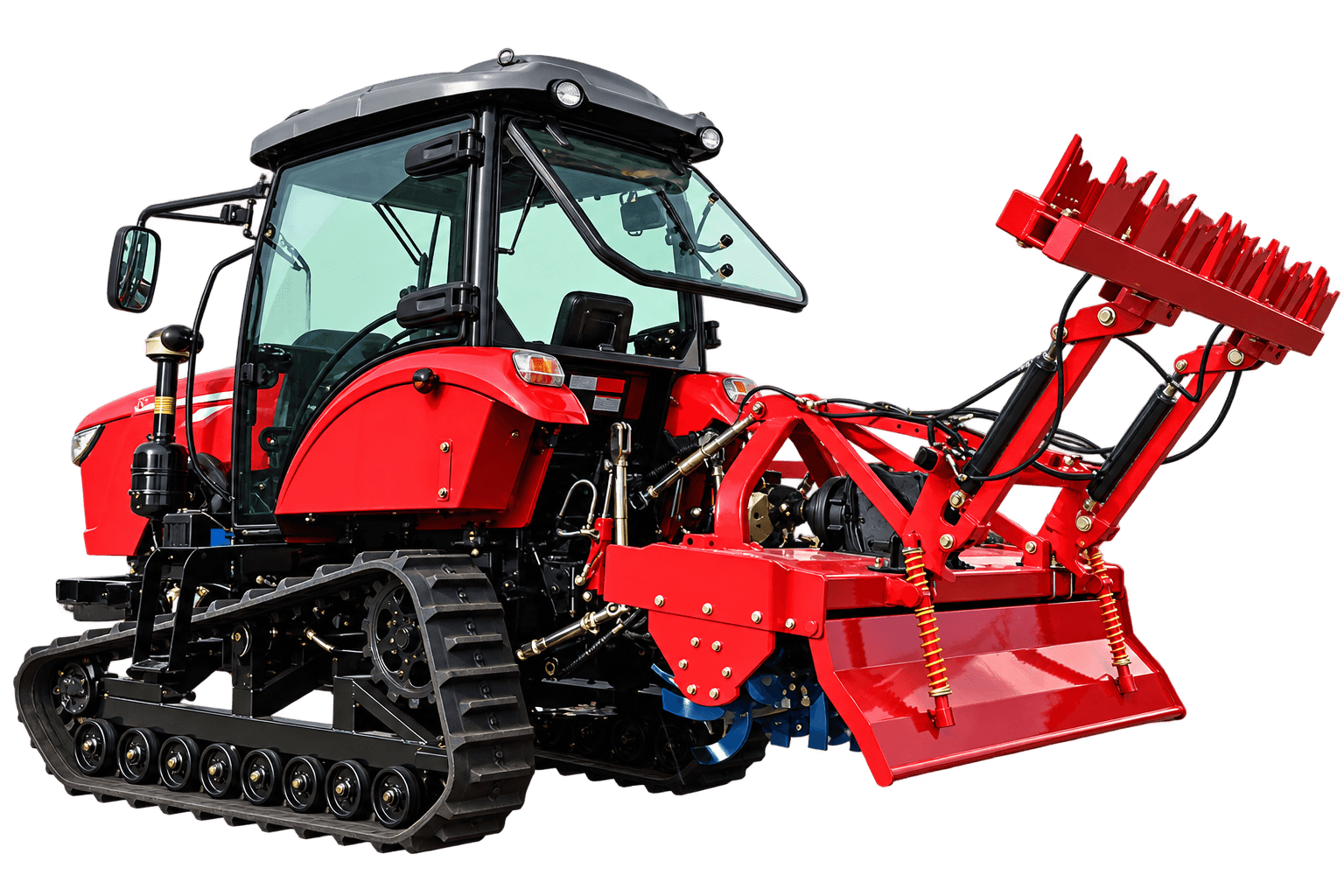 Rear view of the red 120 HP crawler tractor with an enclosed cab and rear rotary tiller