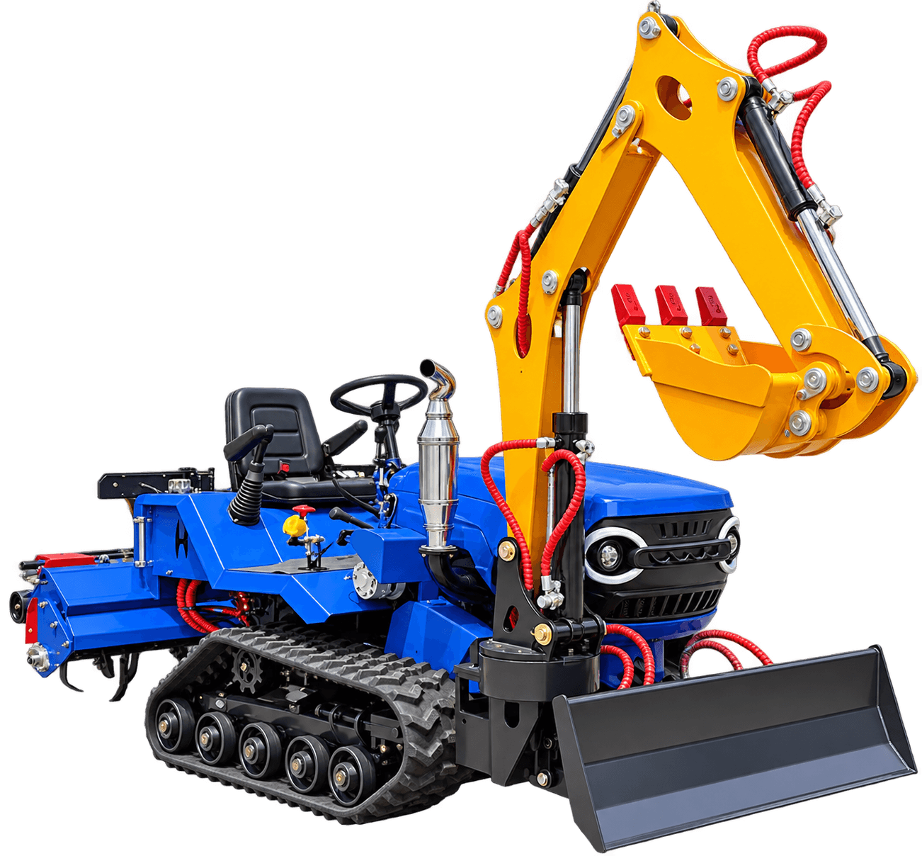 Blue tracked machine with a yellow excavator arm, front blade and rear agricultural attachment