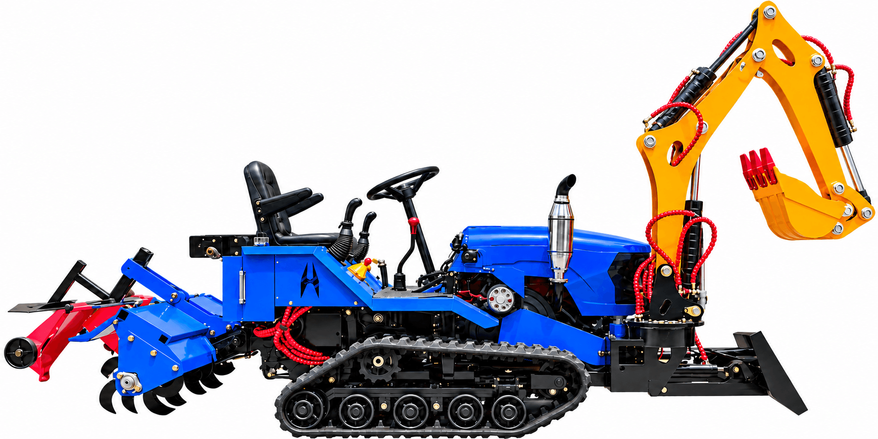 Side view of the blue 35 HP crawler tractor with a yellow excavator arm and rear rotary tiller