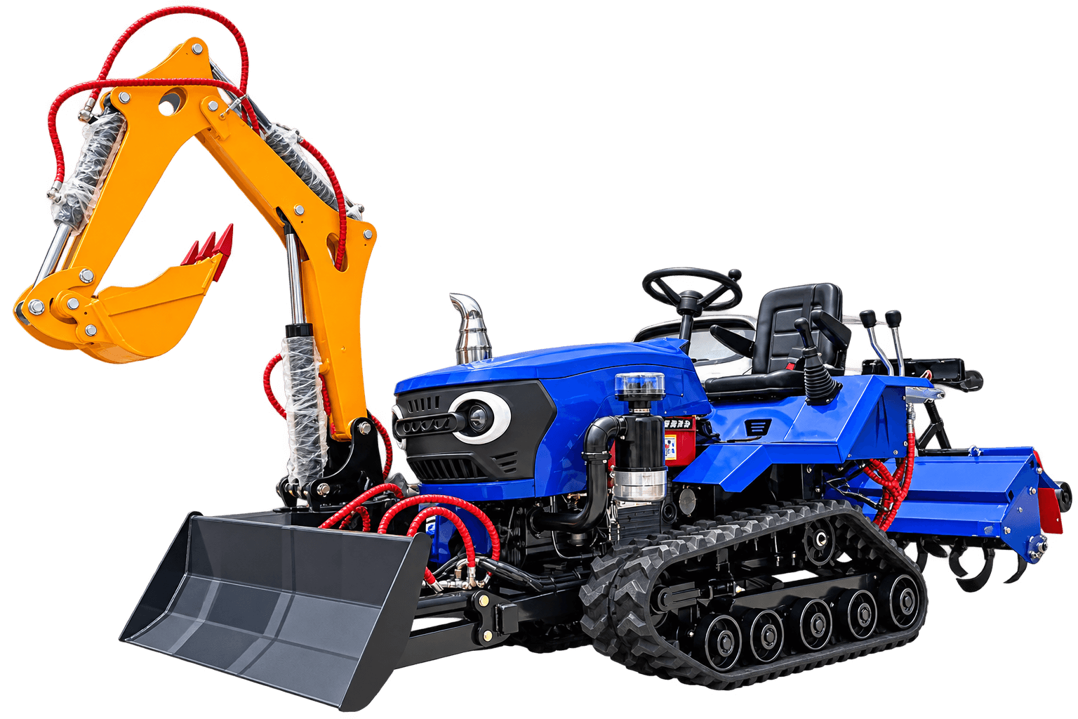 Front left view of the blue 35 HP crawler tractor with a yellow excavator arm, front blade and rear rotary tiller