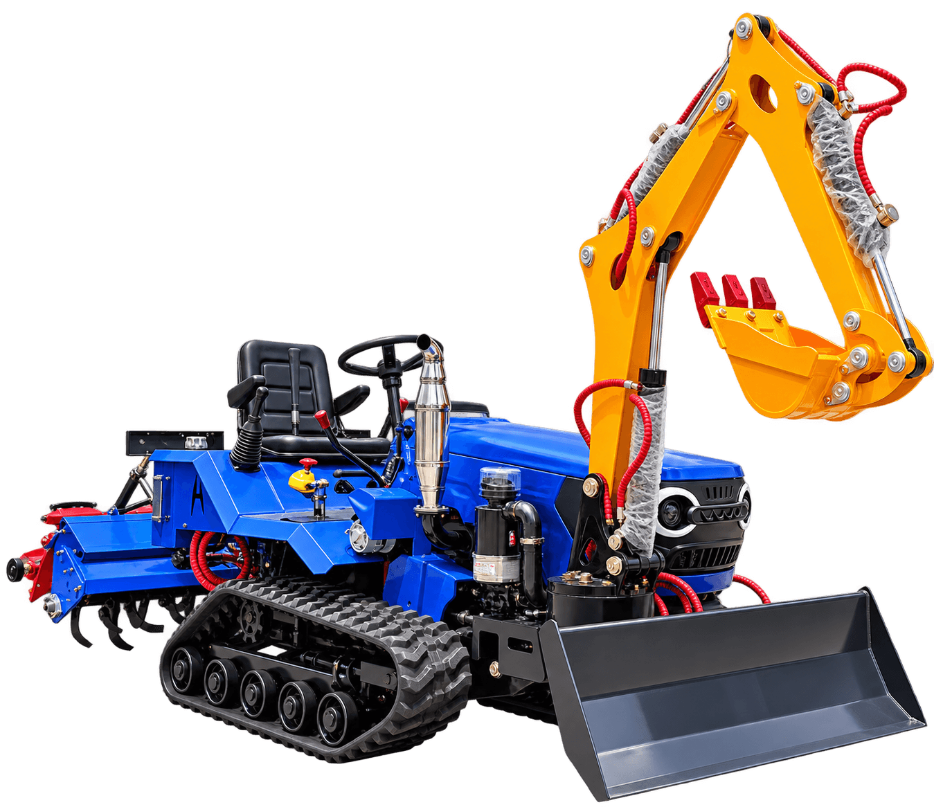 Front right view of the blue 35 HP crawler tractor with a yellow excavator arm, front blade and rear rotary tiller