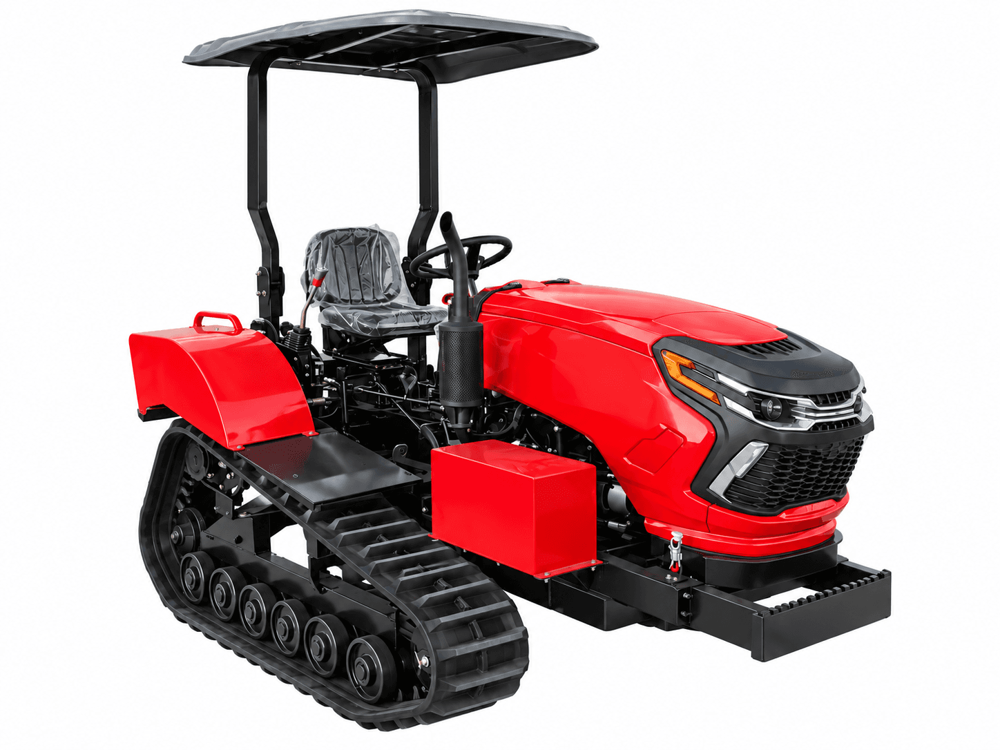 Red 50 HP crawler tractor with a black canopy on a white background