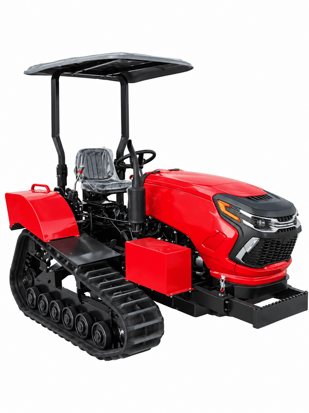 Front three-quarter view of the red 50 HP crawler tractor with a black canopy on a white background