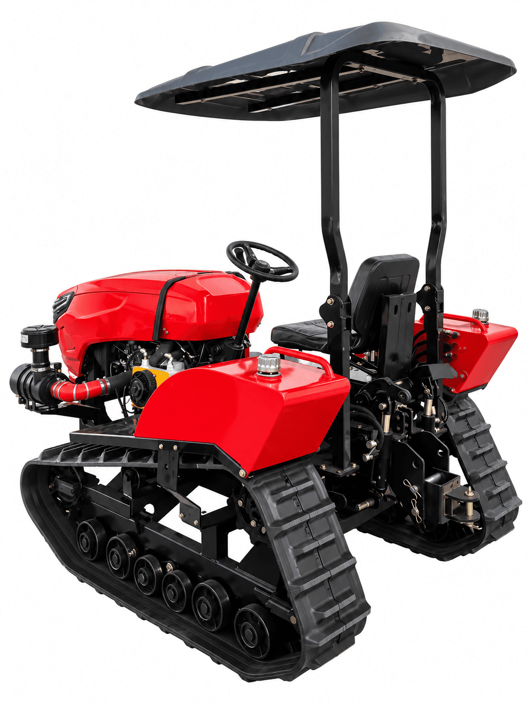 Rear three-quarter view of the red 50 HP crawler tractor with a black canopy on a white background