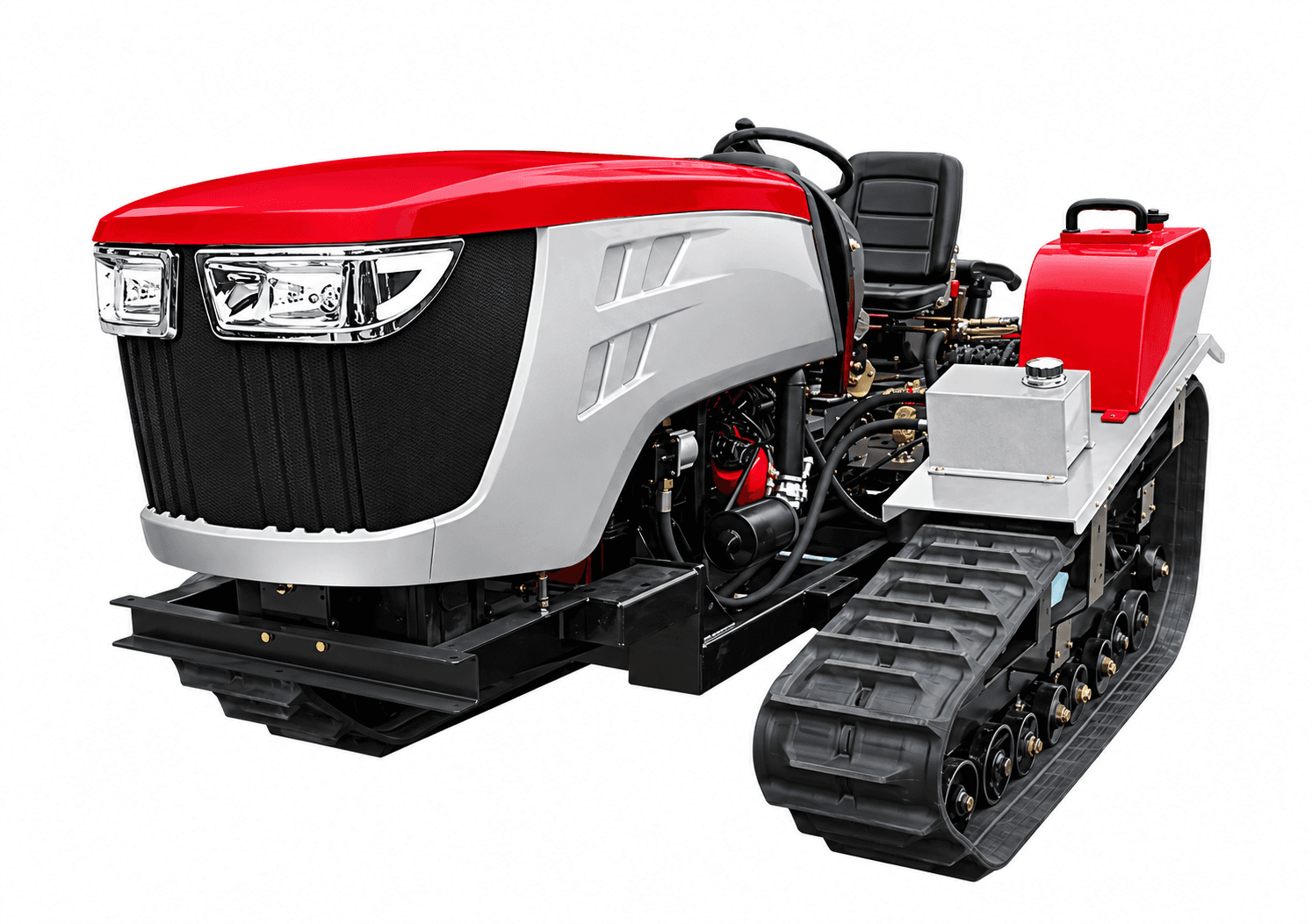 Front left view of the red and silver 80 HP crawler tractor on a white background