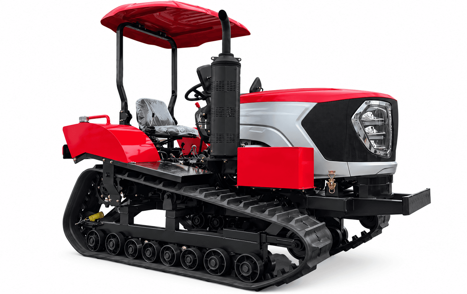 Front right view of the red and silver 80 HP crawler tractor with a canopy on a white background