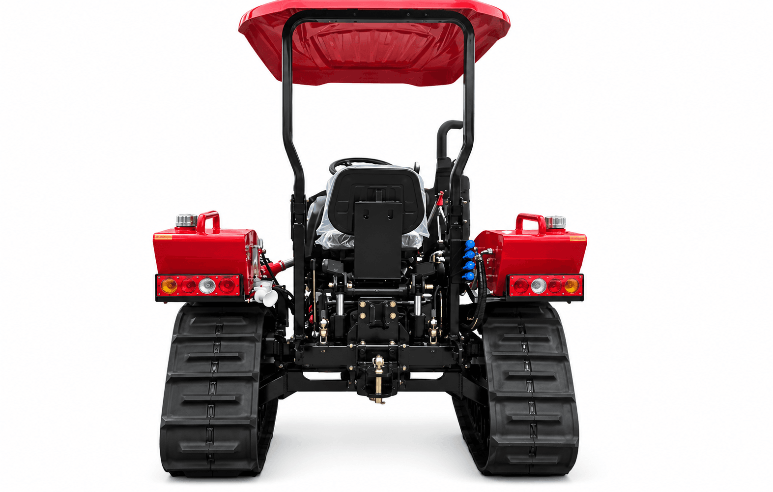 Rear view of the red and silver 80 HP crawler tractor with a canopy and rear linkage on a white background