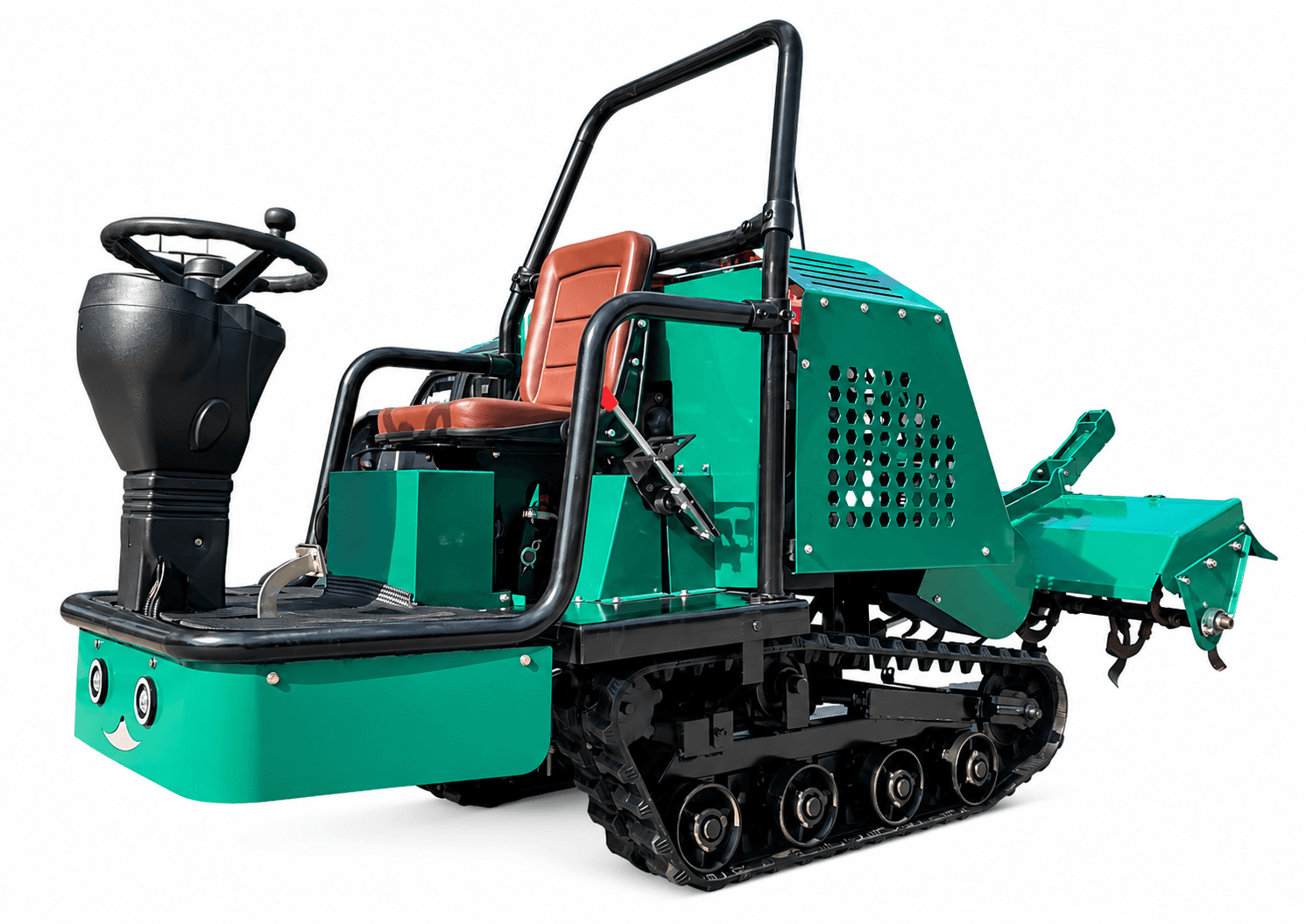 Green crawler tractor with a brown seat, rollover bar and rear rotary tiller on a white background
