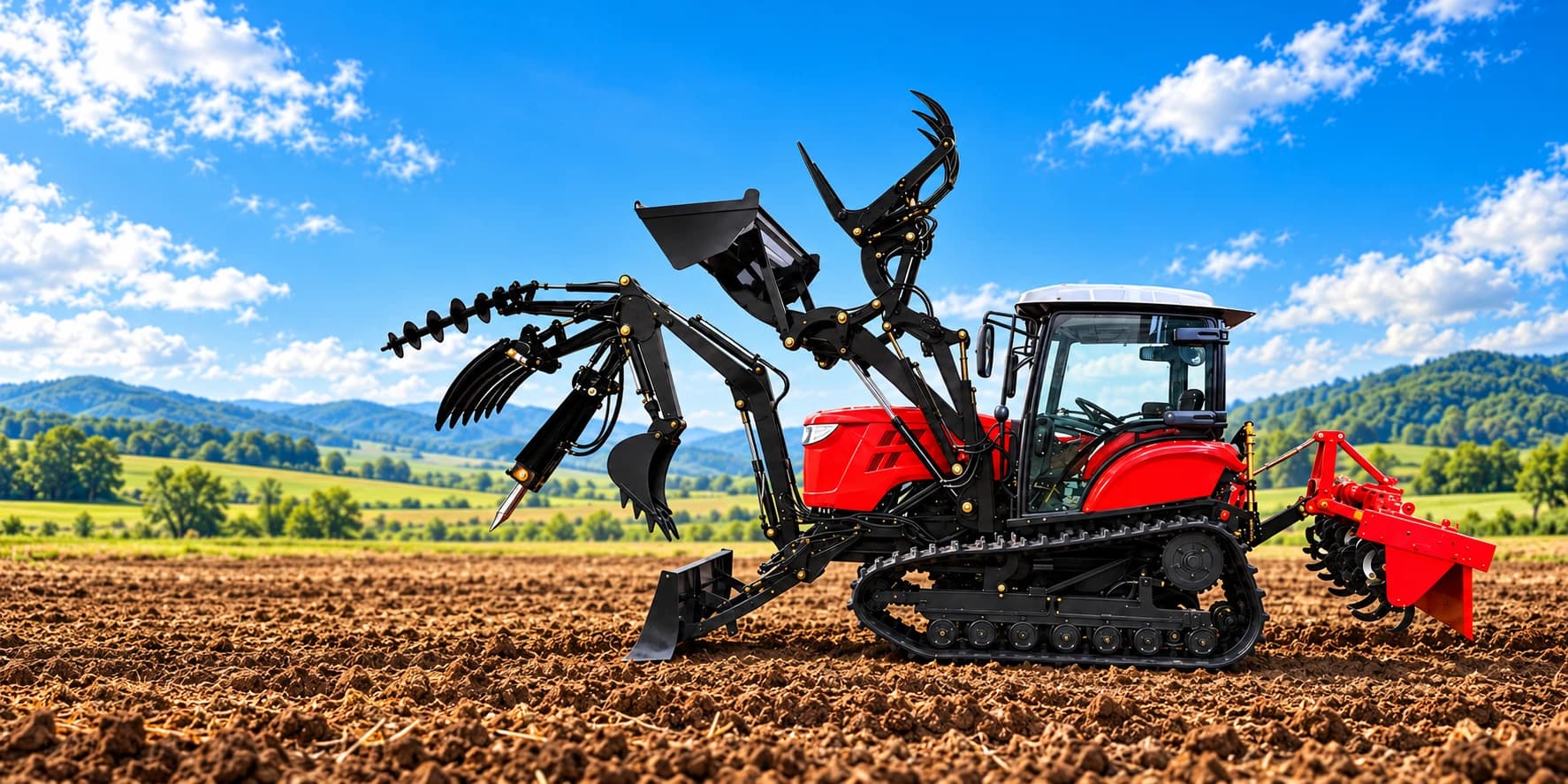 Red crawler tractor with agricultural attachments in a cultivated field under a blue sky
